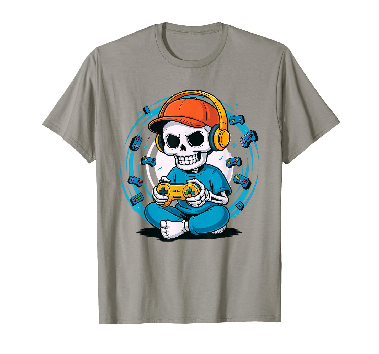 Skeleton Gamer with Controller Funny Cartoon Gaming Skull T-Shirt