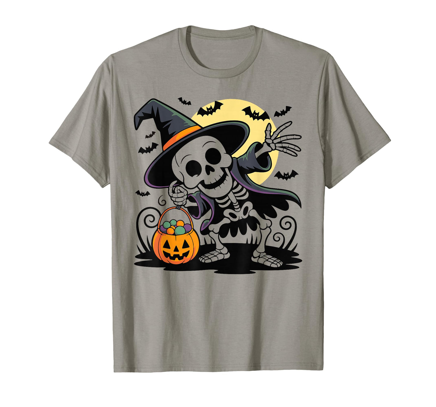 Spooky Skeleton with Pumpkin Moon Bats Halloween Men Women T-Shirt