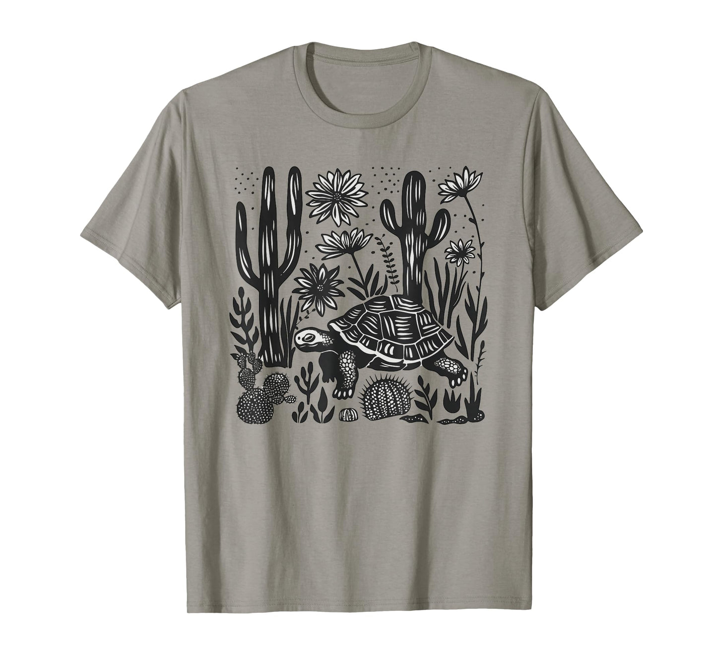Mexican Linocut Print Mojave Desert Tortoise Cacti Landscape T-Shirt