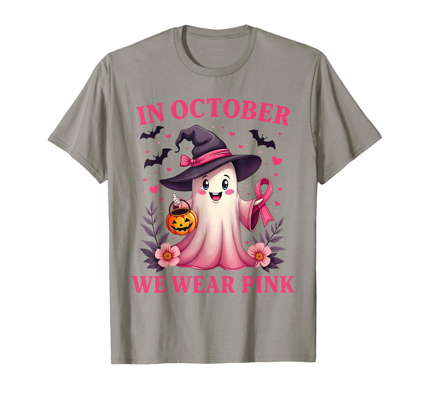 in October We Wear Pink Ghost Witch Breast Cancer Awareness T-Shirt