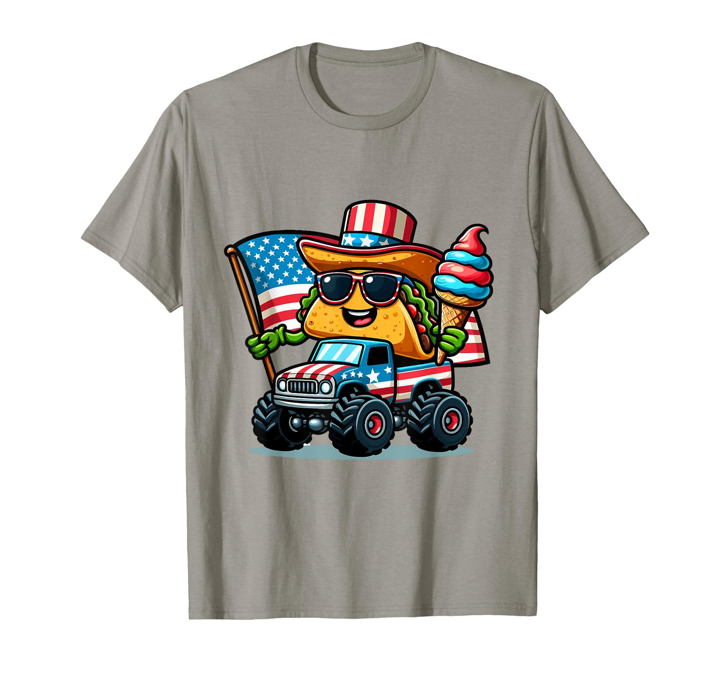 Funny Taco Riding Monster Truck holding ice cream 4 of July T-Shirt