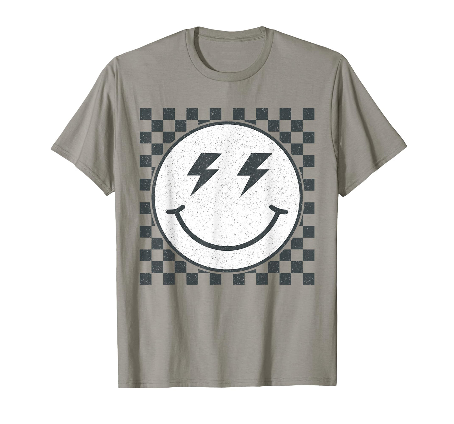 Retro Gray Happy Face Checkered Pattern Smile Face Trendy T-Shirt