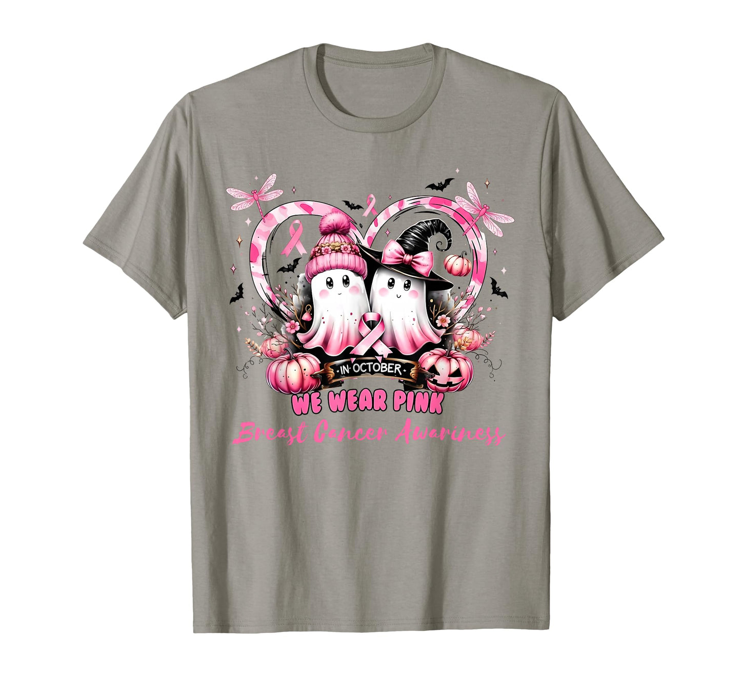 in October We Wear Pink Breast Cancer Heart Dragonflies T-Shirt