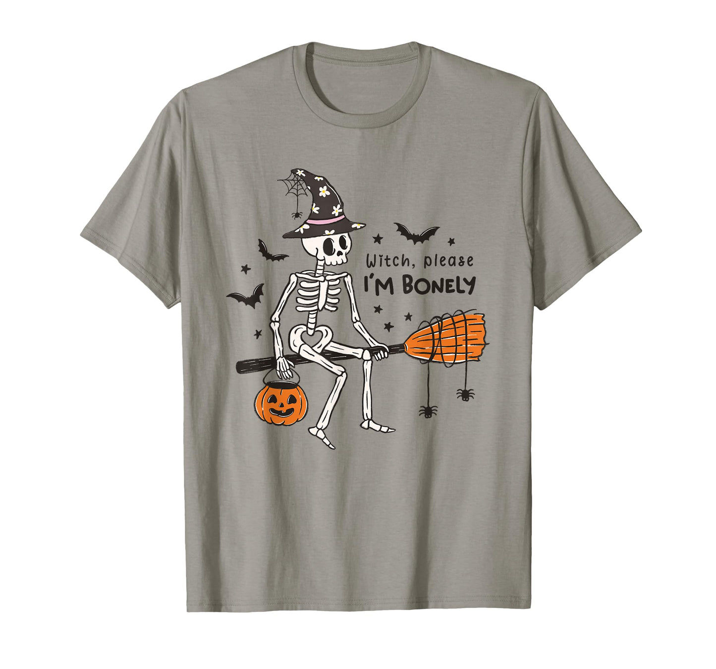 Funny Skeleton Witch Broom Halloween Trick or Treat Costume T-Shirt