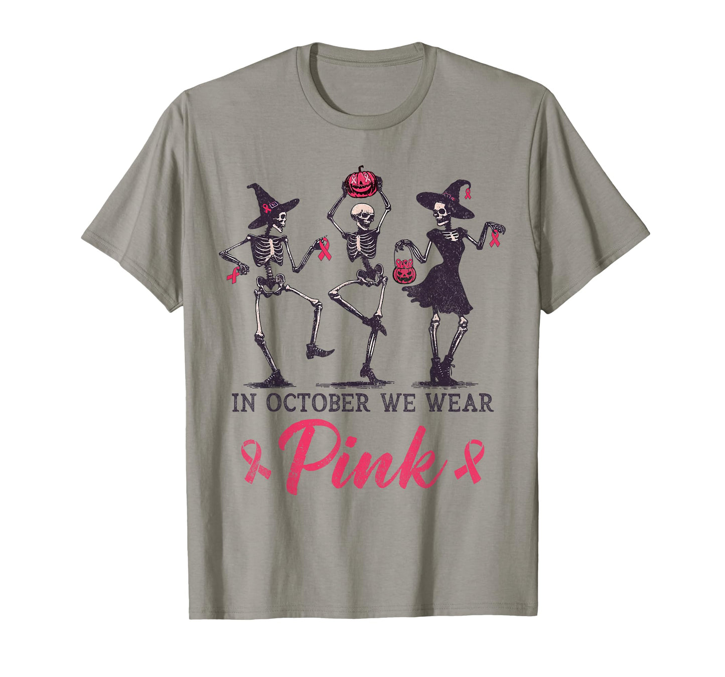 Dancing Skeleton Witch Pink Ribbon Breast Cancer Halloween T-Shirt