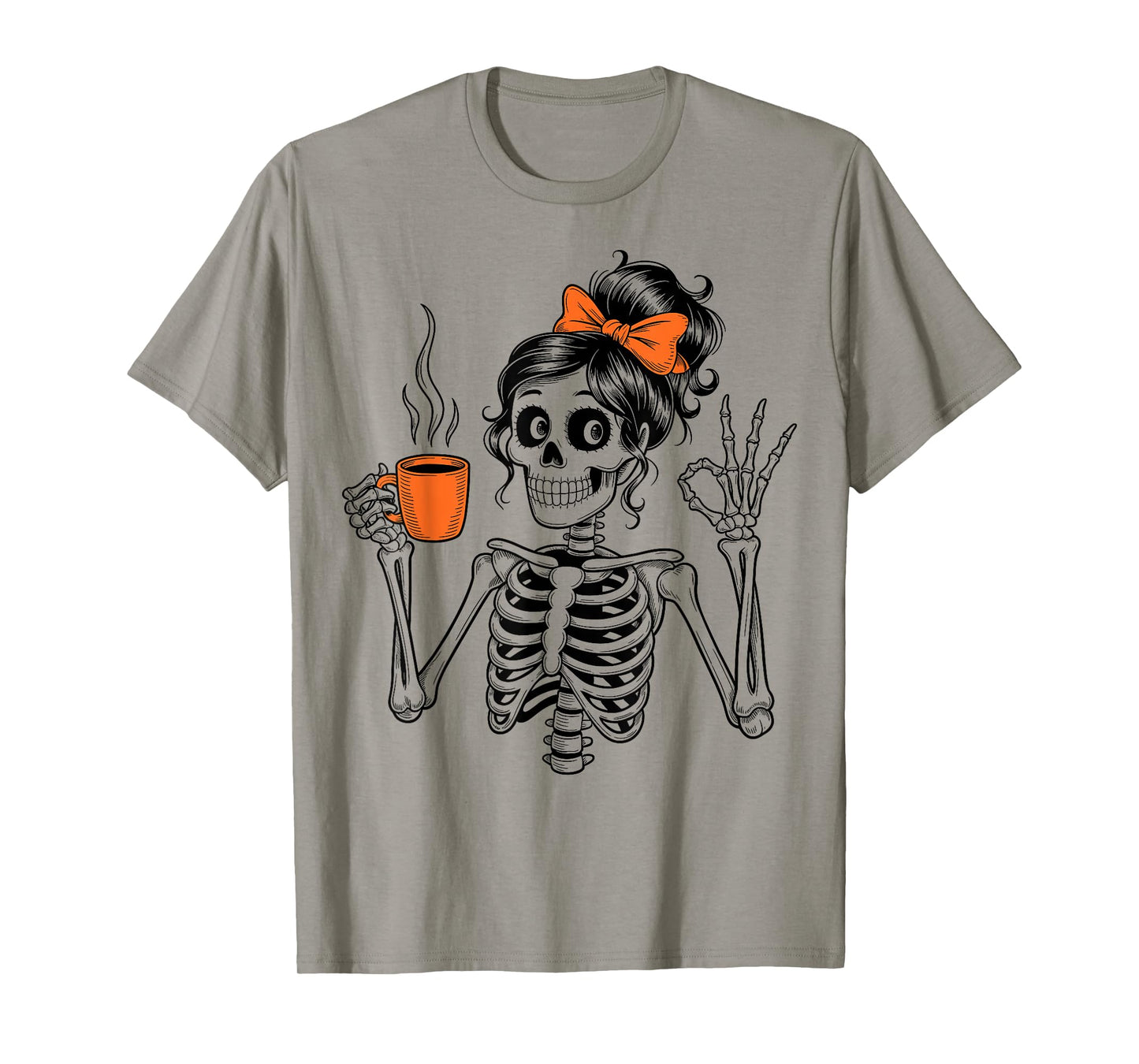 Women Messy Bun Drinking Coffee Skeleton Halloween Costume T-Shirt