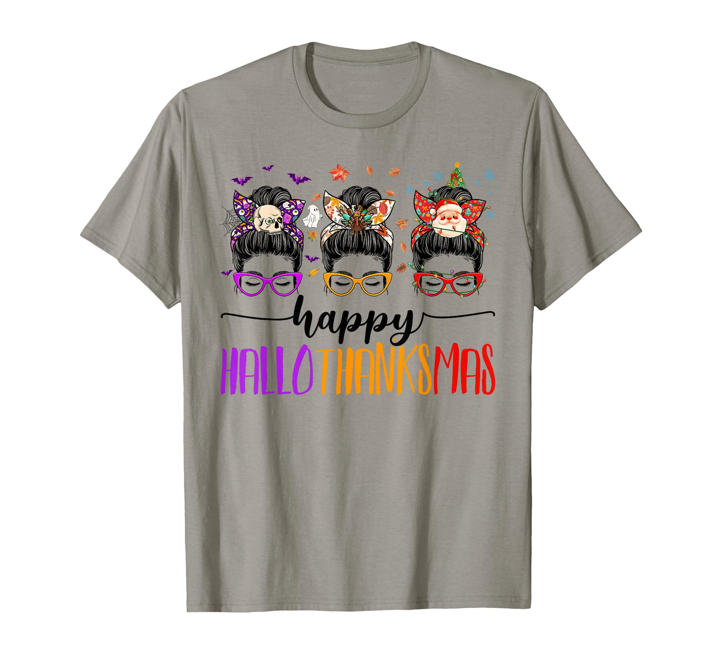 Happy Hallothanksmas Halloween Thanksgiving Messy Bun Girls T-Shirt