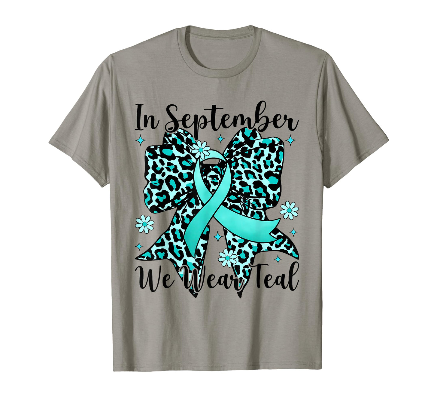Leopard Bow Ovarian Cancer in September We Wear Teal T-Shirt