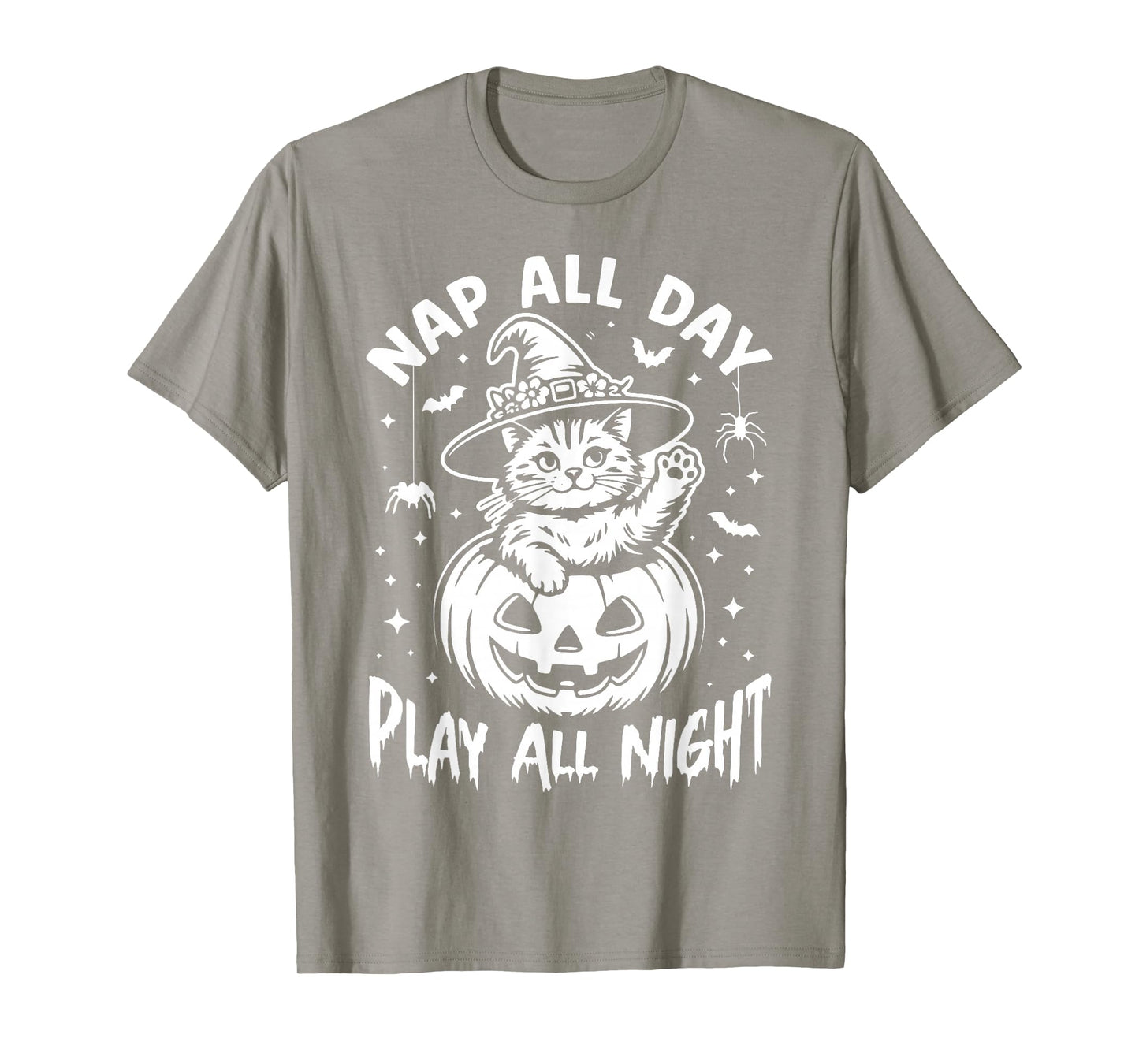 Nap All Day, Play All Night. Witch Hat Halloween Pumpkin Cat T-Shirt