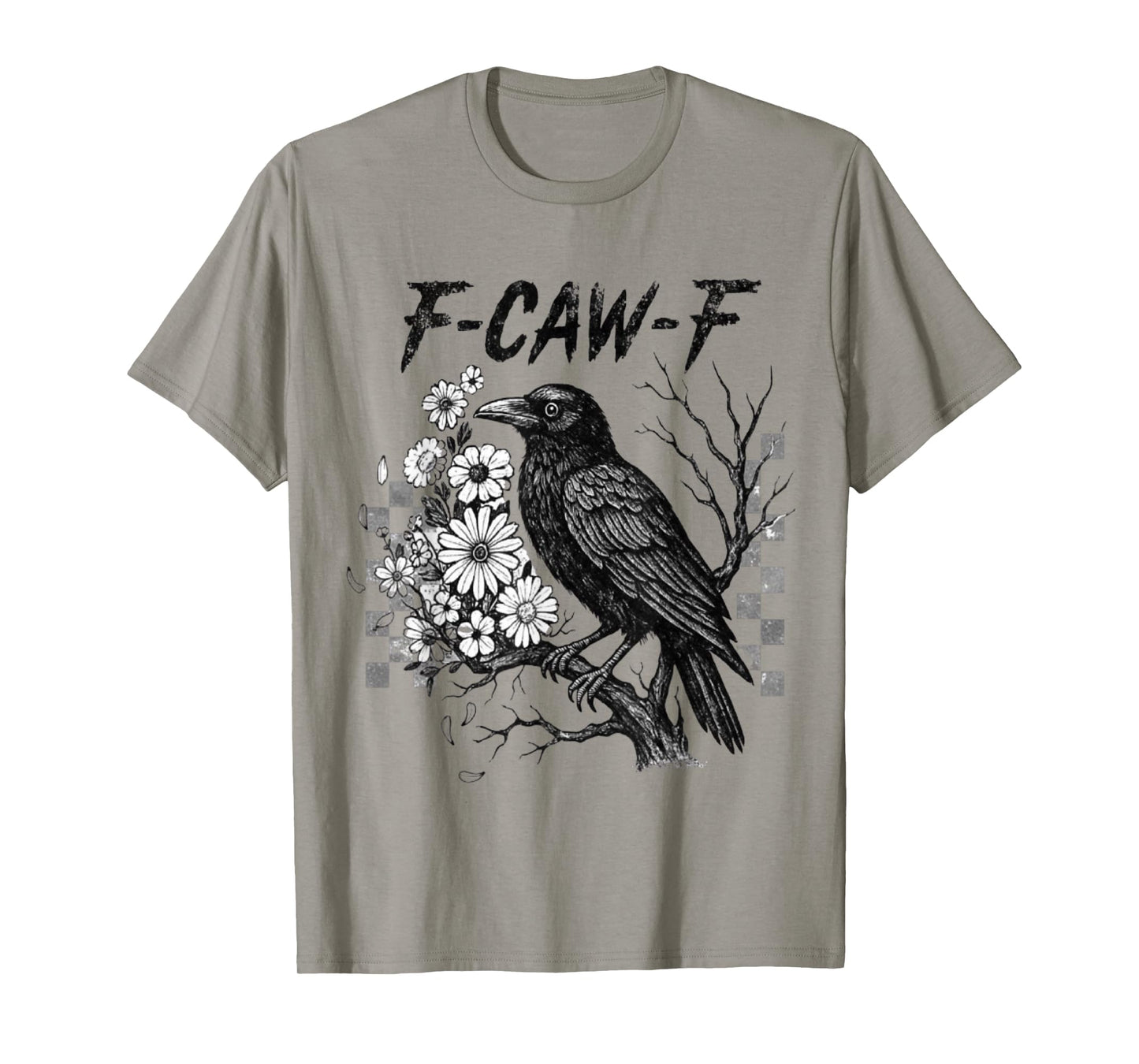 F-Caw-F Black Crow Bird Boho Floral Checkered T-Shirt