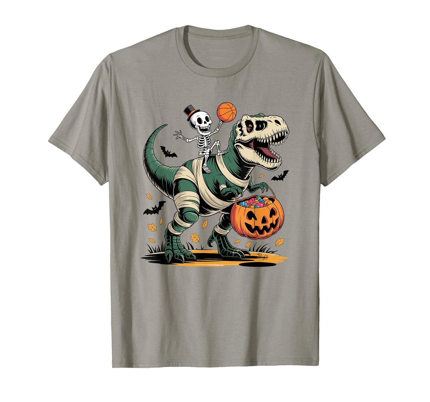 Basketball Skeleton Riding Mummy Dinosaur T-Rex Halloween T-Shirt