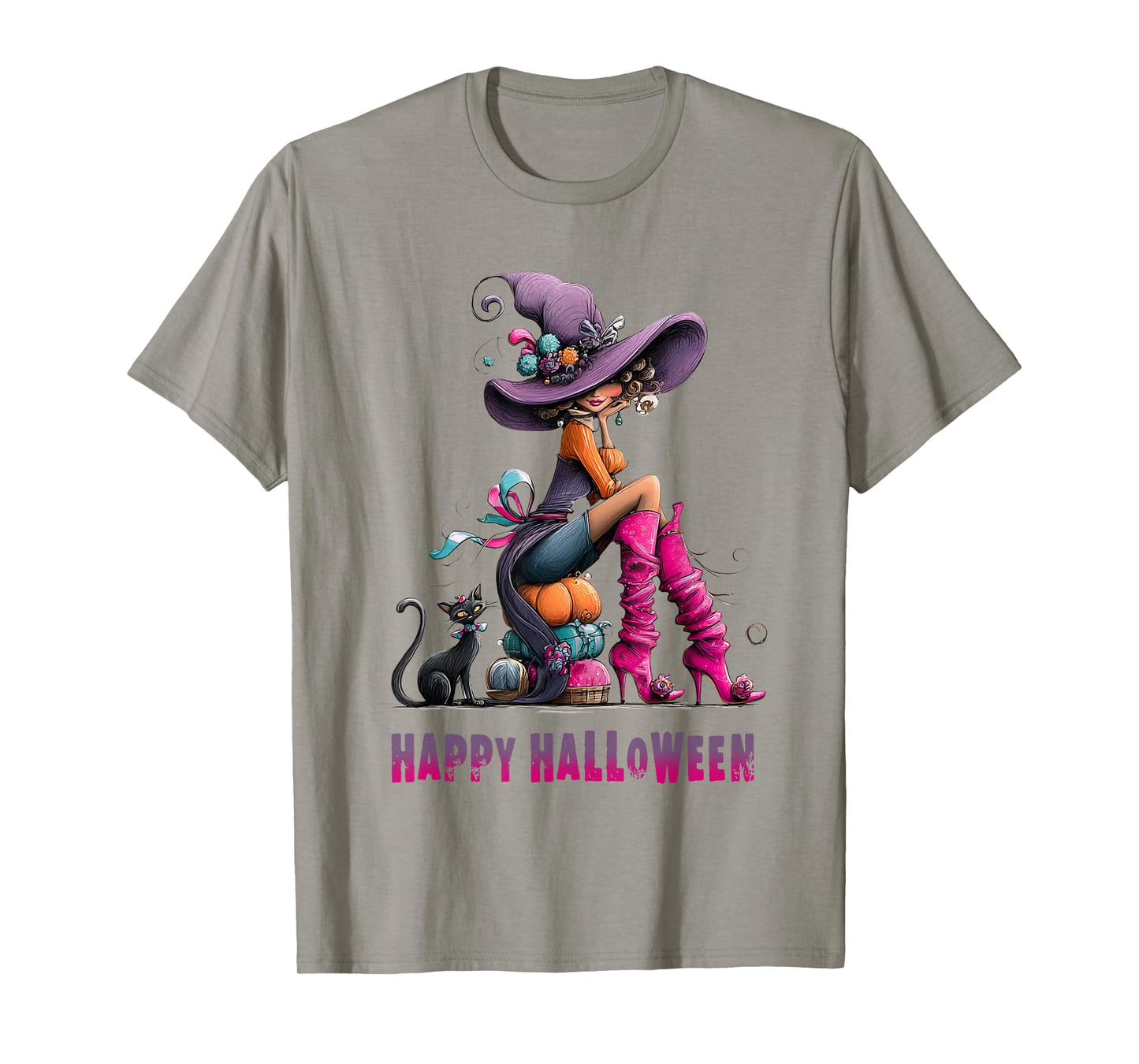 Spooky Witch High Heels with Black Cat Halloween Pumpkin T-Shirt