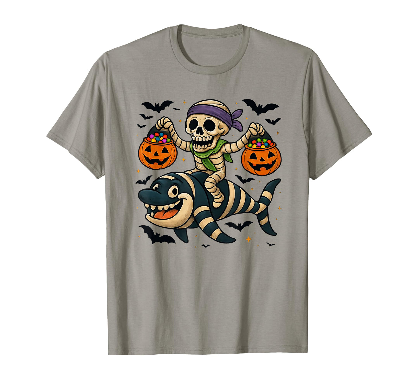 Skeleton Riding Mummy Orca Halloween Candy Whale T-Shirt