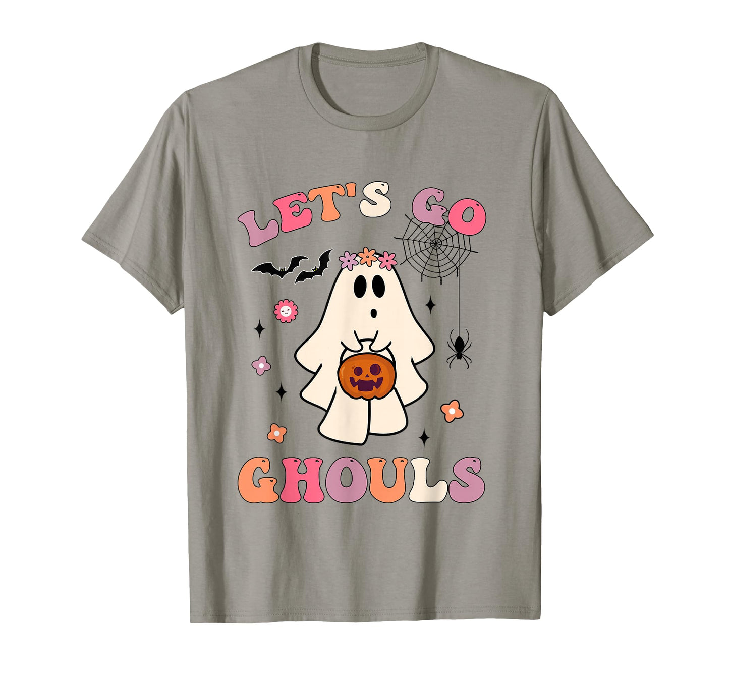 Halloween Ghost Holding Pumpkin Retro Groovy Let's Go Ghouls T-Shirt
