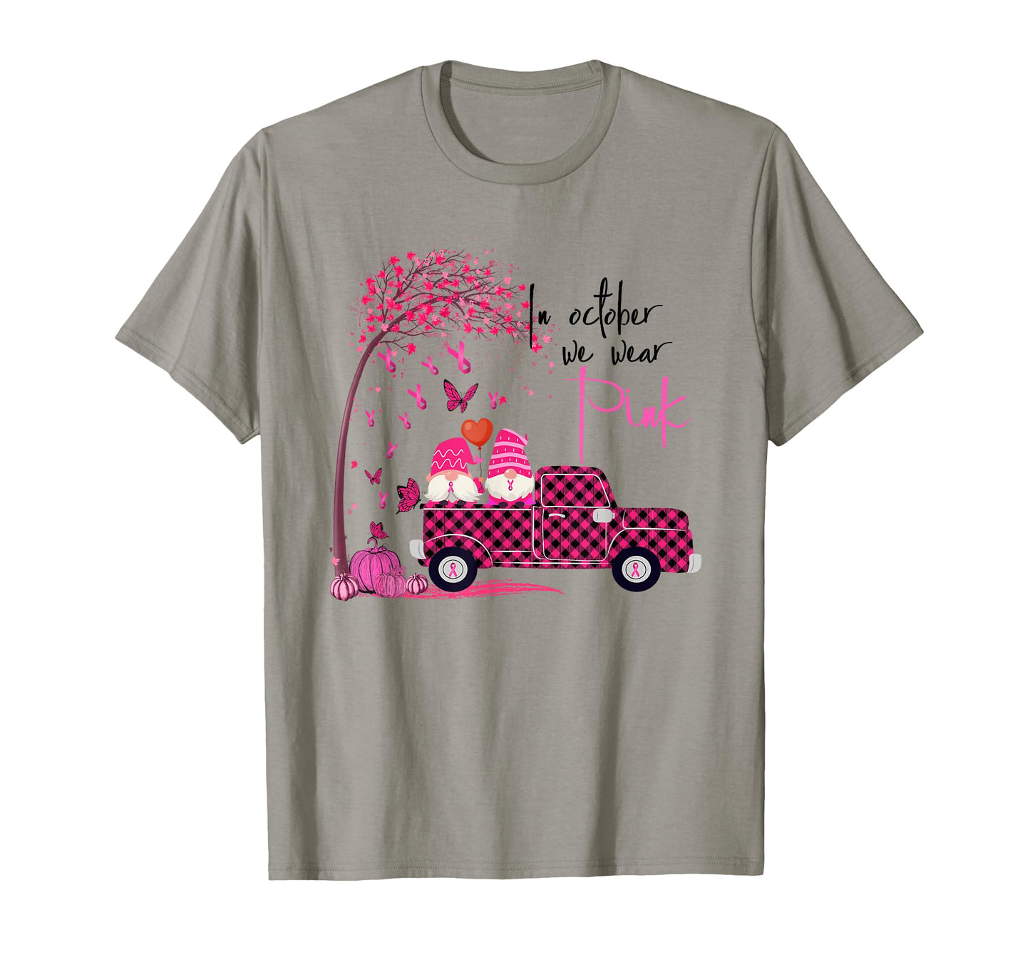 in October We Wear Pink Breast Cancer Leopard Pumpkins Truck T-Shirt
