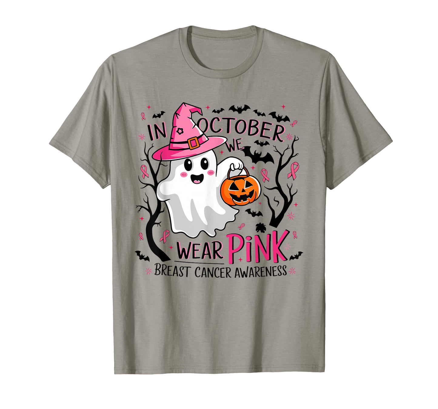 In October We Wear Pink Ghost Witch Breast Cancer Awareness T-Shirt