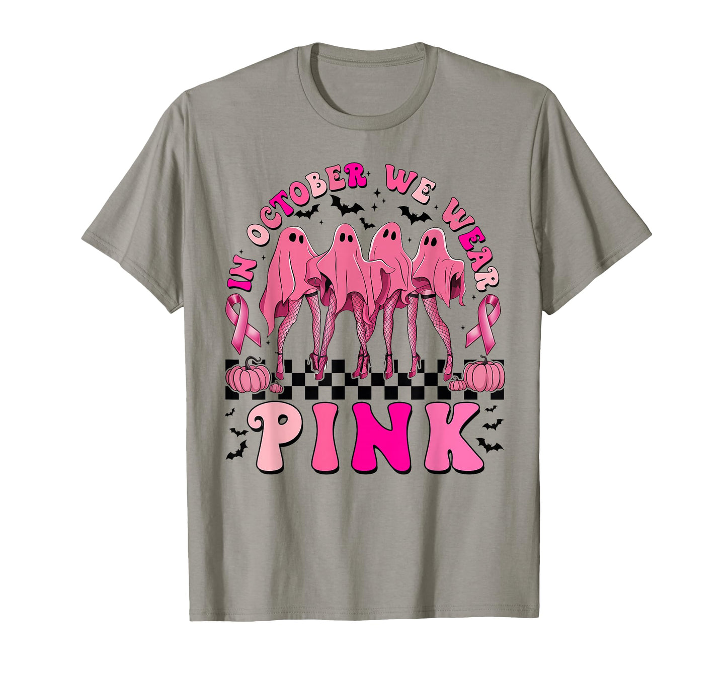 In October We Wear Pink Ribbon Breast Cancer Ghost Halloween T-Shirt