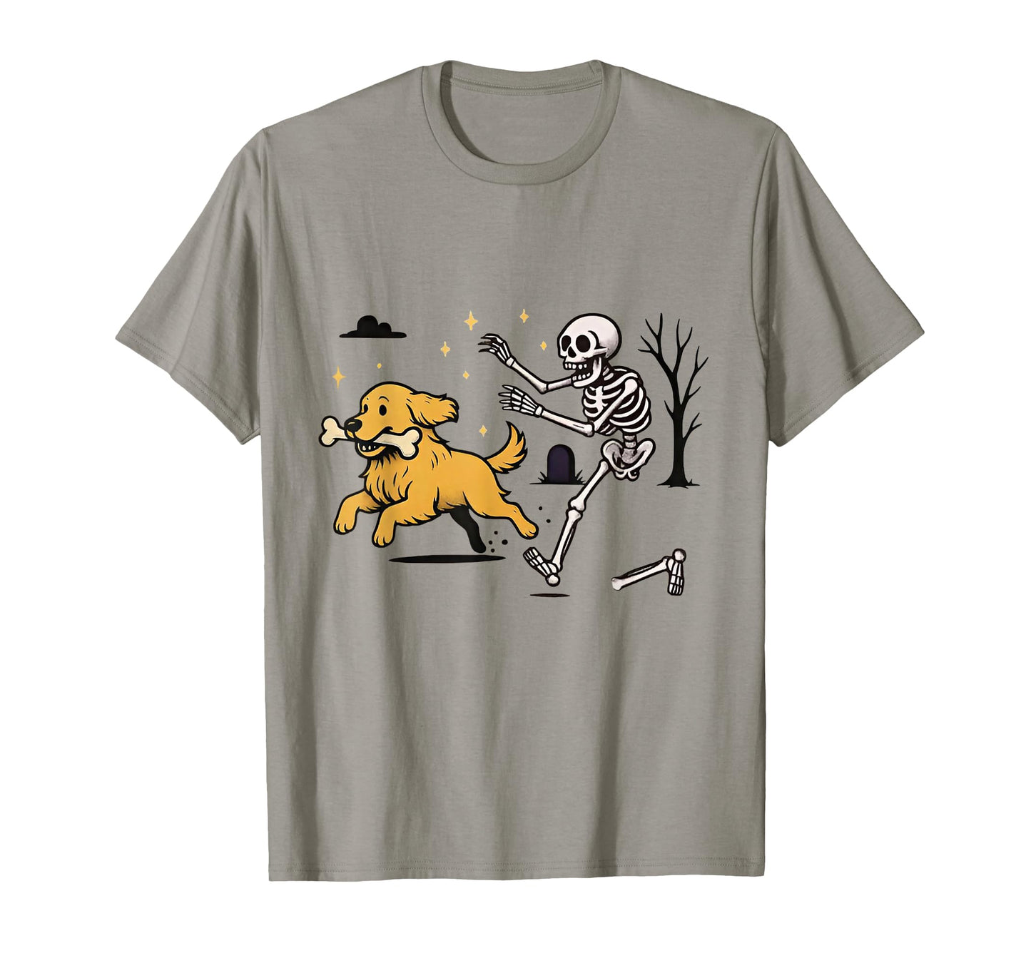 Skeleton Chasing Golden Retriever Funny Skeleton Halloween T-Shirt