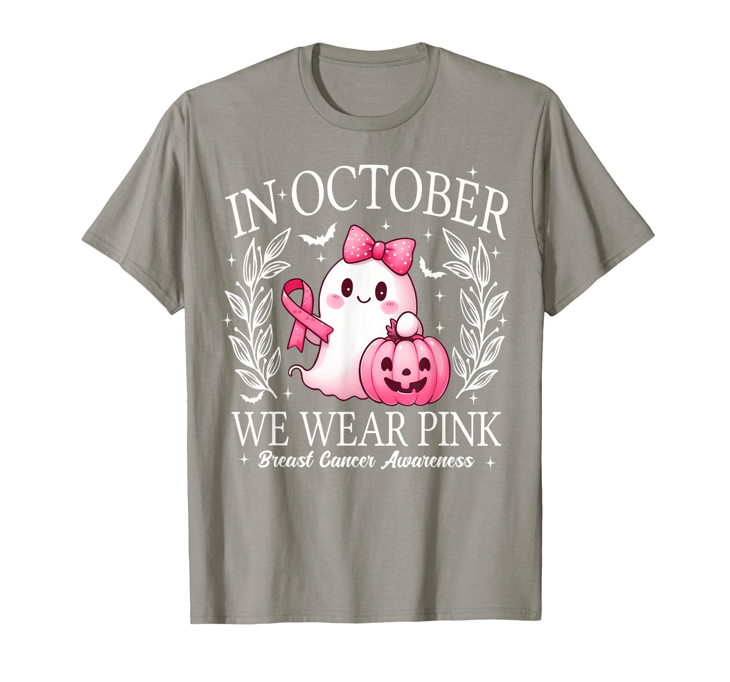 in October We Wear Pink Cute Ghost Breast Cancer Awareness T-Shirt