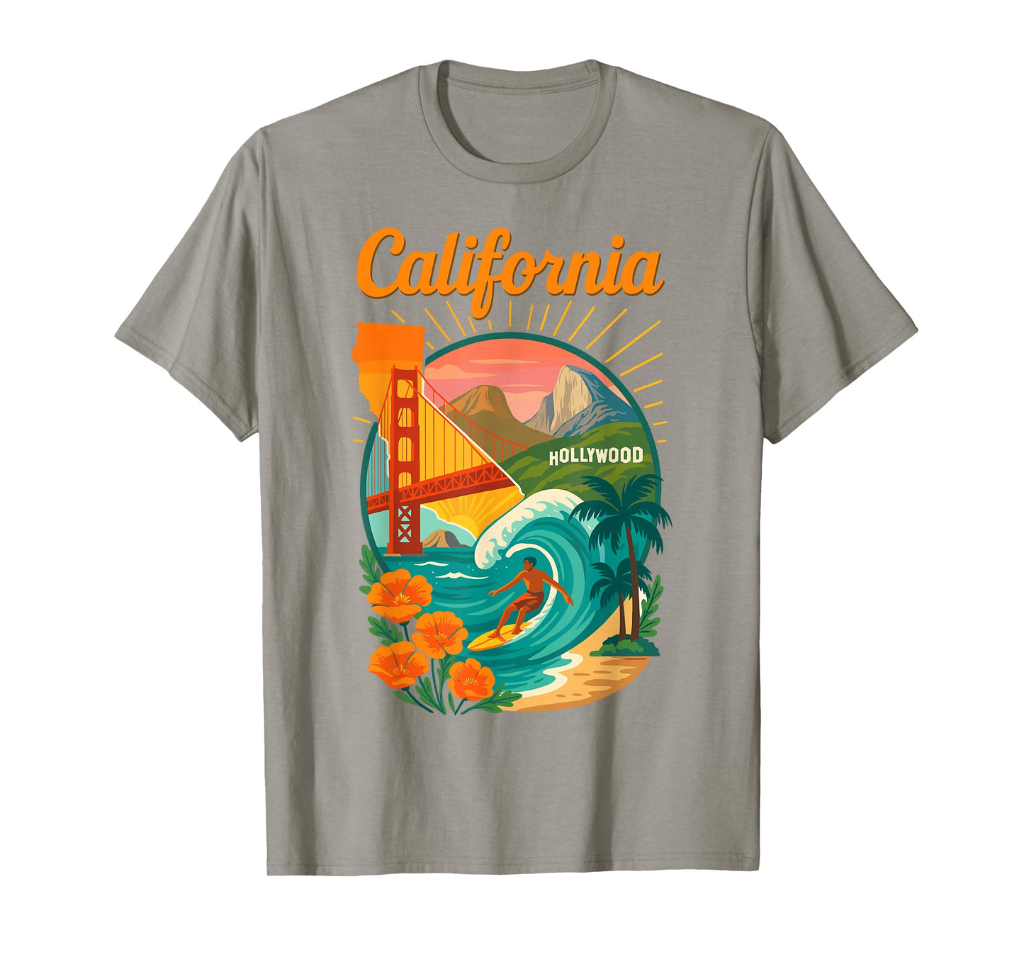 California Surfer Gate Poppies Sunset Travel T-Shirt