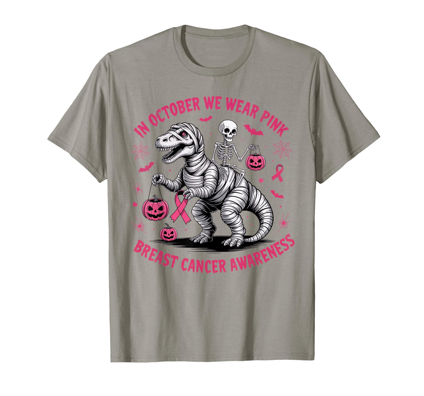 in October We Wear Pink Dinosaur Skeleton Breast Cancer T-Shirt