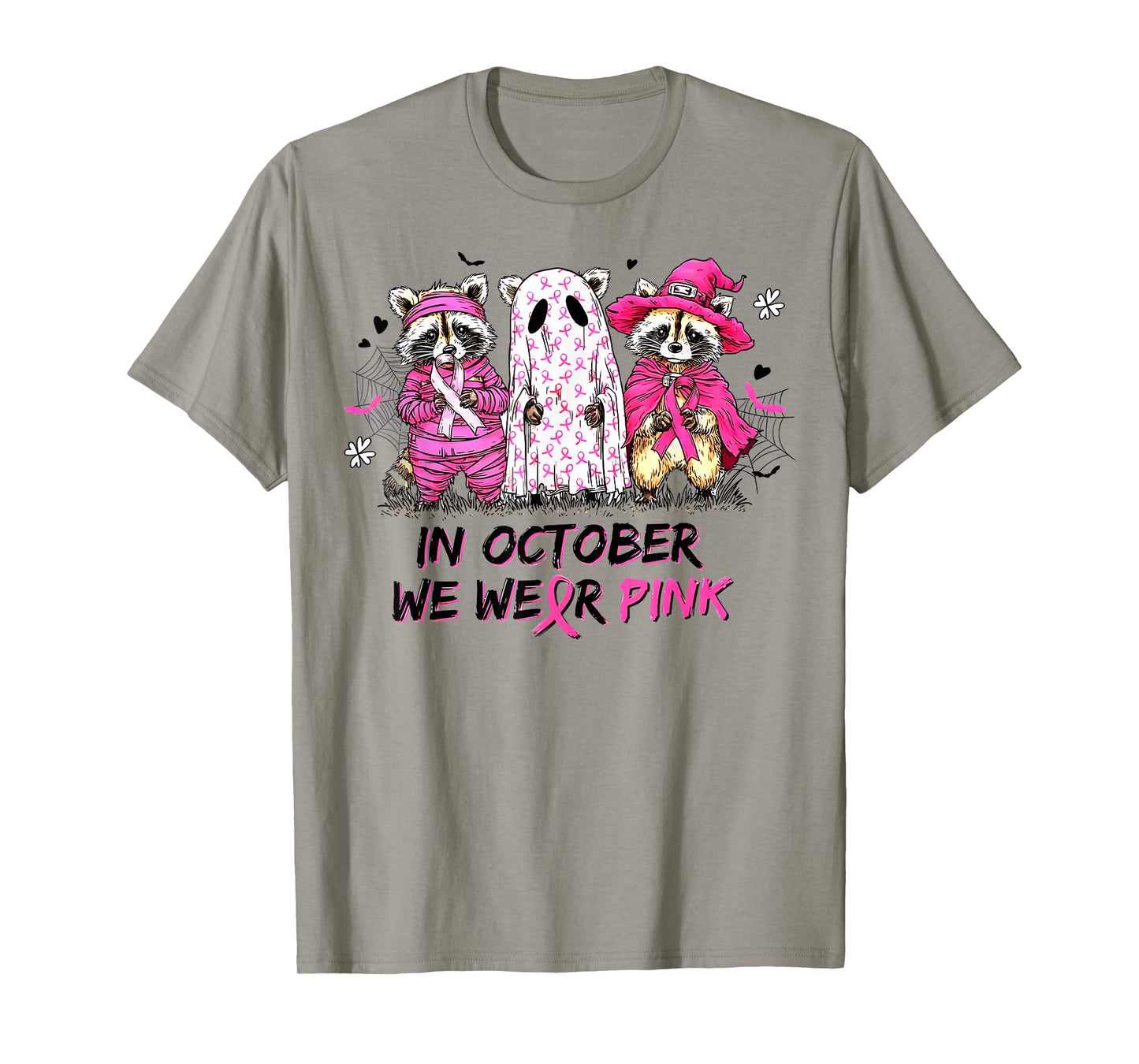 in October We Wear Pink Raccoon Breast Cancer Awareness T-Shirt
