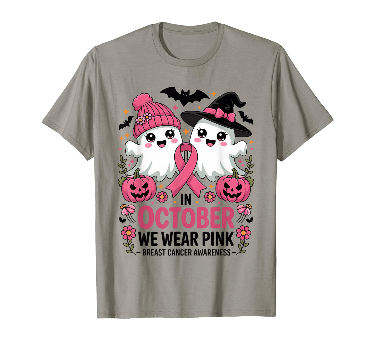 in October We Wear Pink Ghost Witch Breast Cancer Awareness T-Shirt