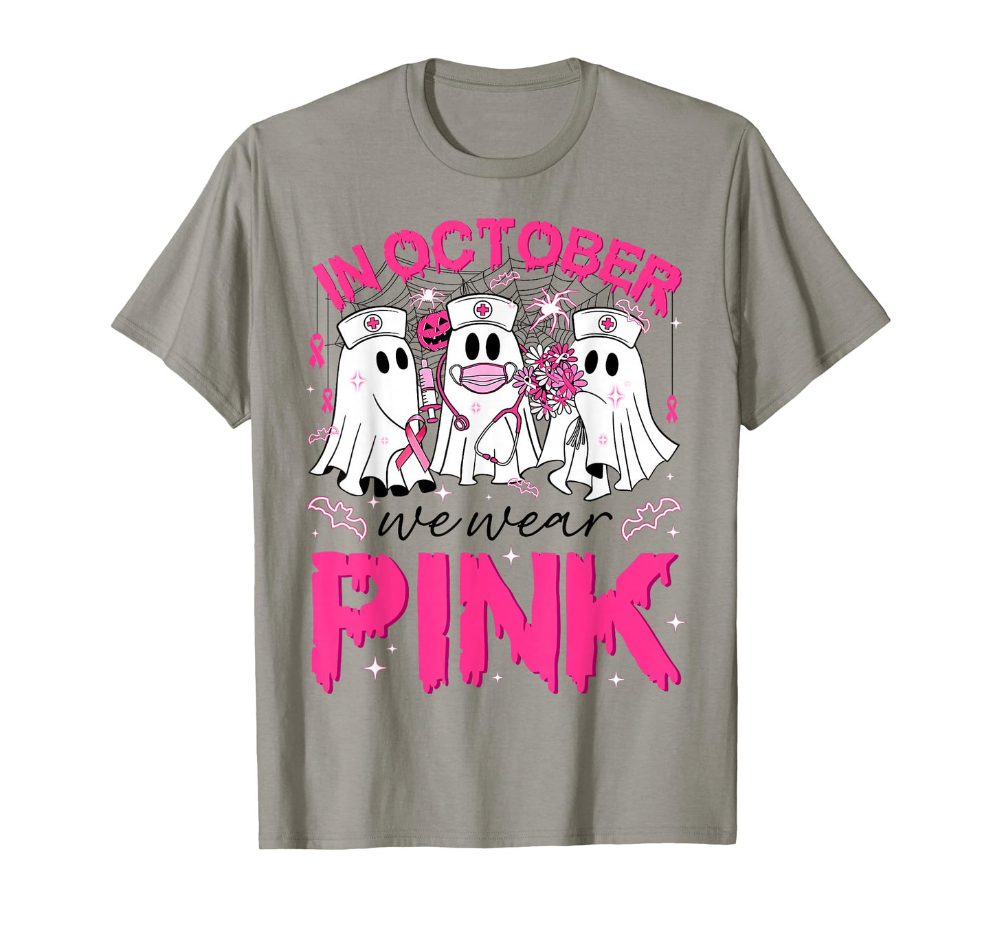 in October We Wear Pink Ghost Nurse Halloween Breast Cancer T-Shirt