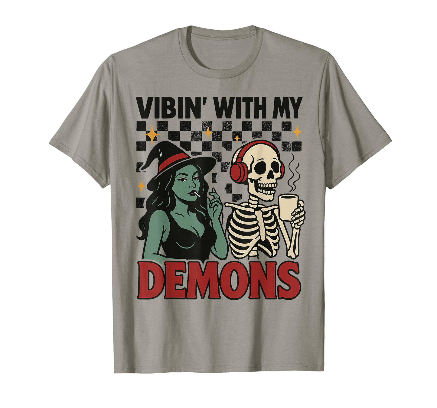 Vibin' with My Demons, Retro Witch and Skeleton Halloween T-Shirt