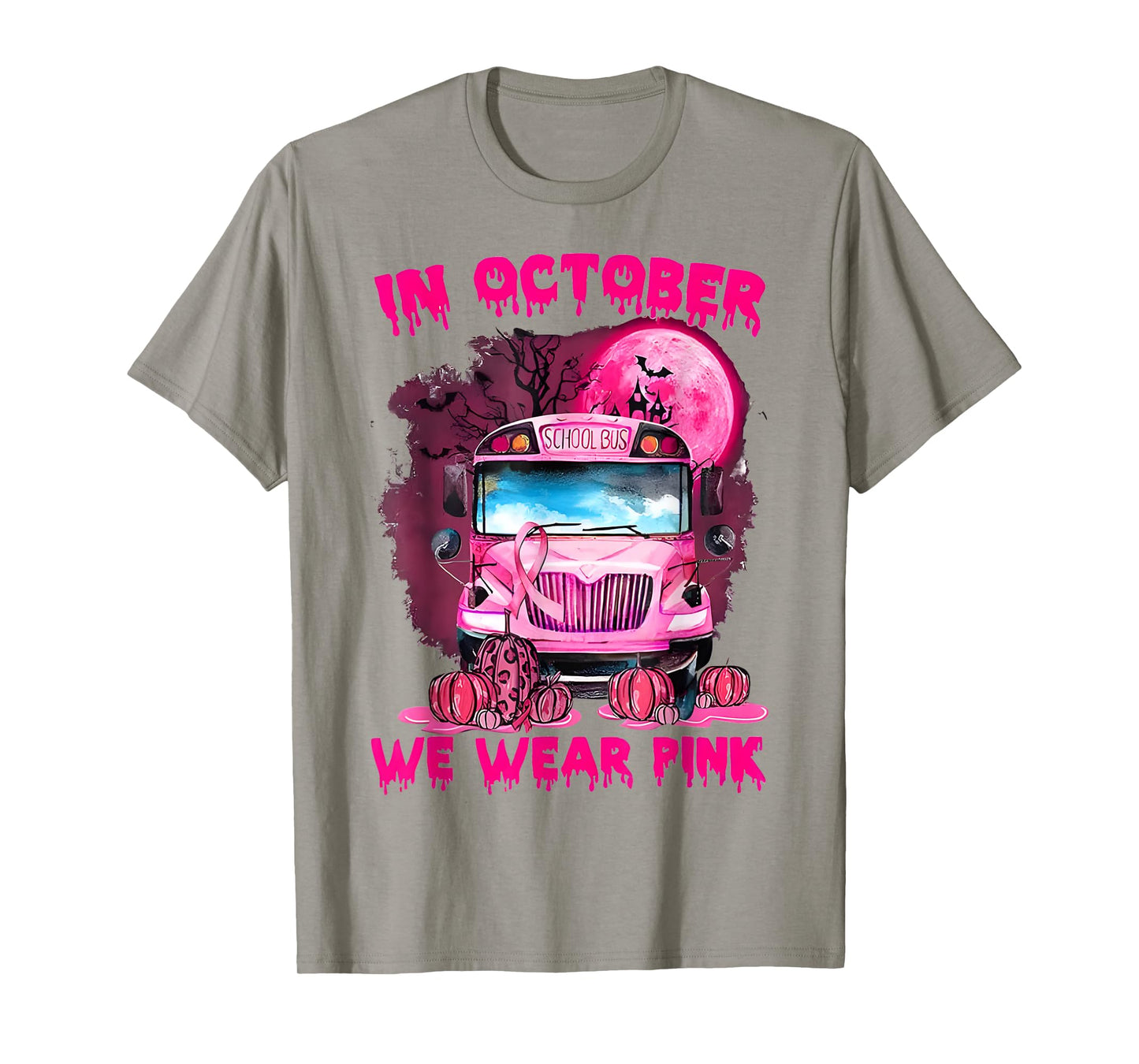in October We Wear Pink Halloween School Bus Breast Cancer T-Shirt