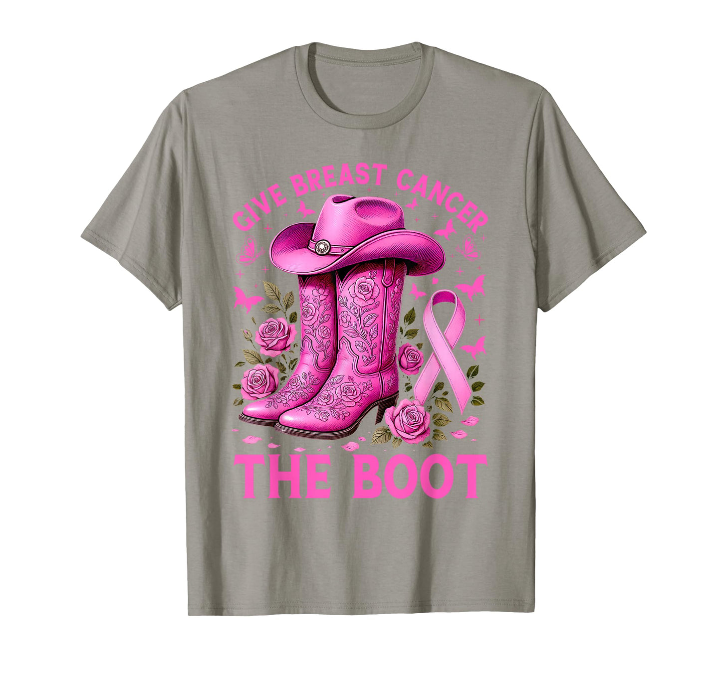 Give Breast Cancer The Boot Cowgirl Cancer Awareness Ribbon T-Shirt