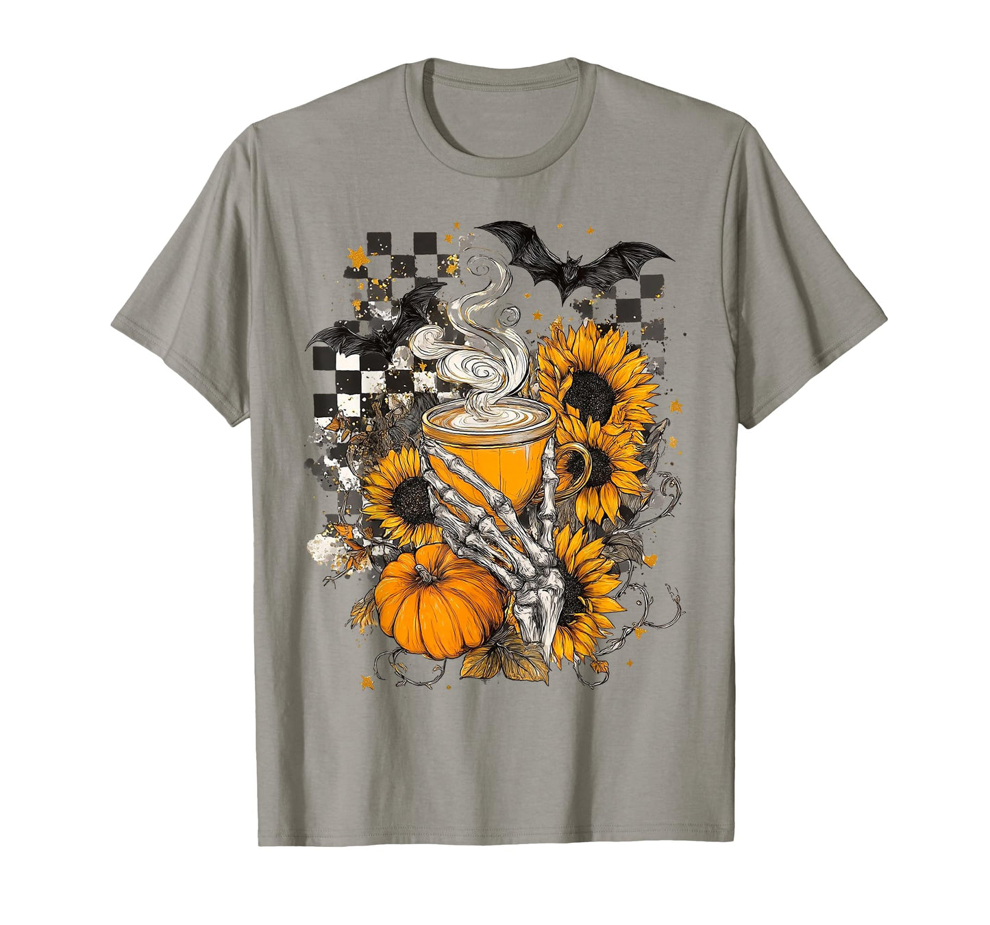 Skeleton Coffee Pumpkin Spice Latte Spooky Sunflowers Grunge T-Shirt