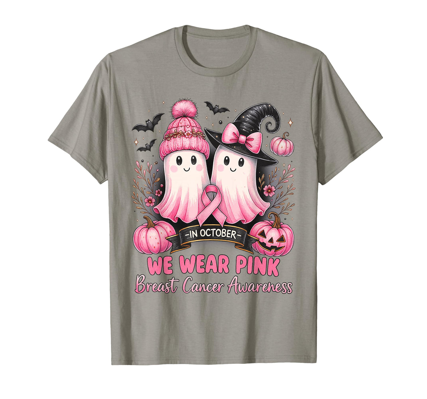 in October We Wear Pink Ghost Witch Breast Cancer Awareness T-Shirt