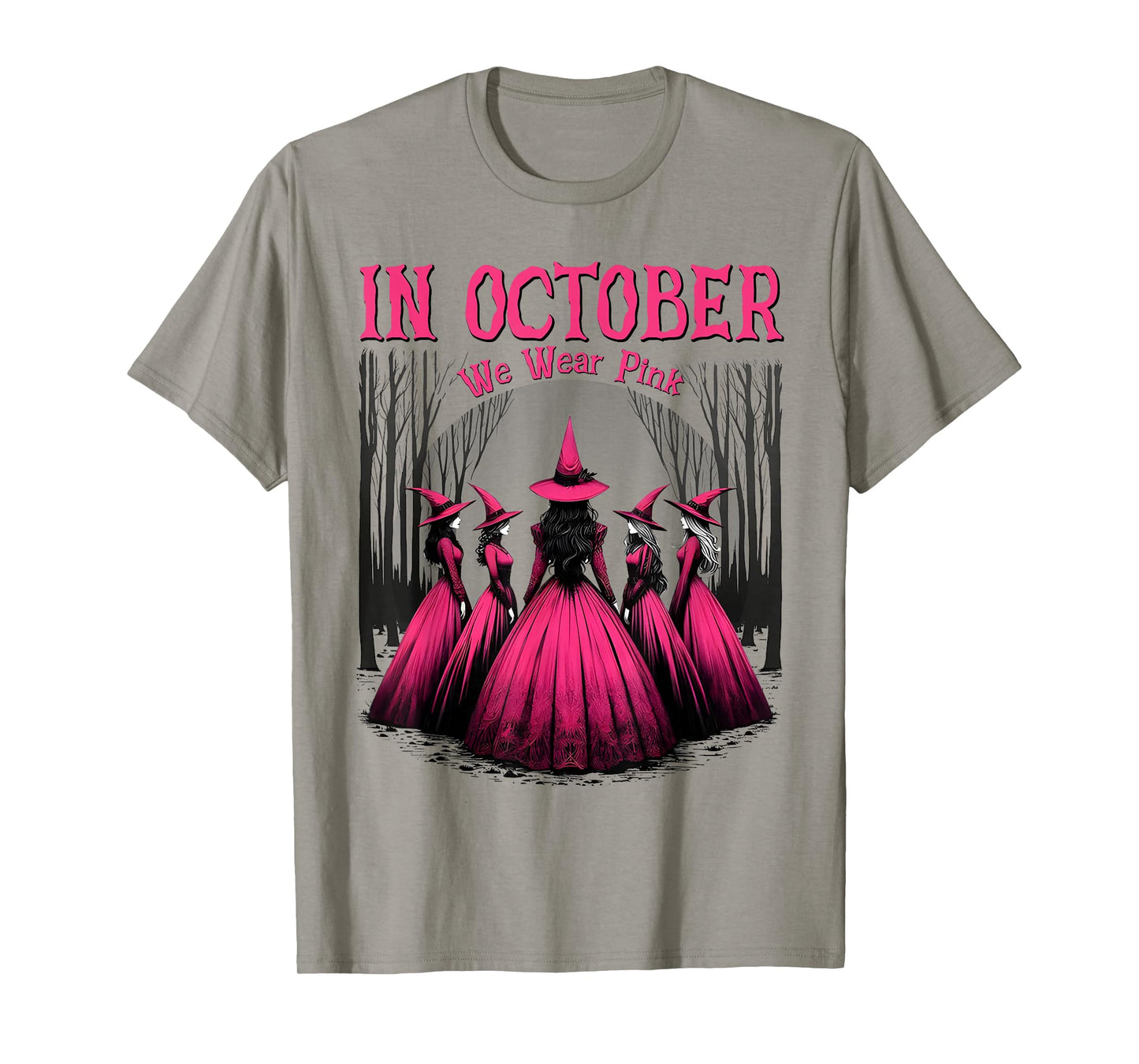 in October We Wear Pink Halloween Witch Witchy Breast Cancer T-Shirt
