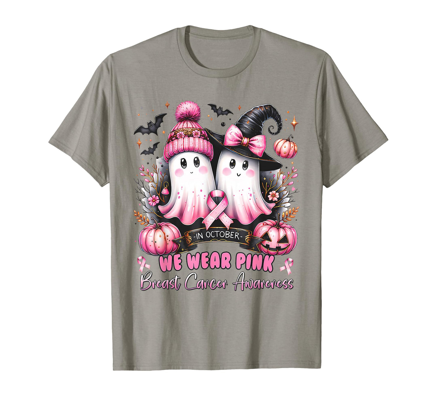in October We Wear Pink Ghost Witch Breast Cancer Awareness T-Shirt