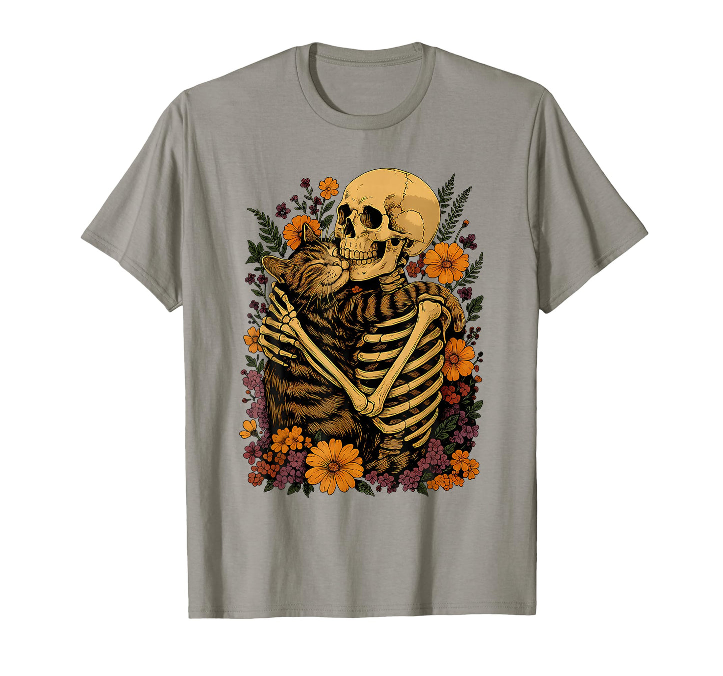 Retro Halloween Skeleton Hugging Cat Floral Cats Lover T-Shirt