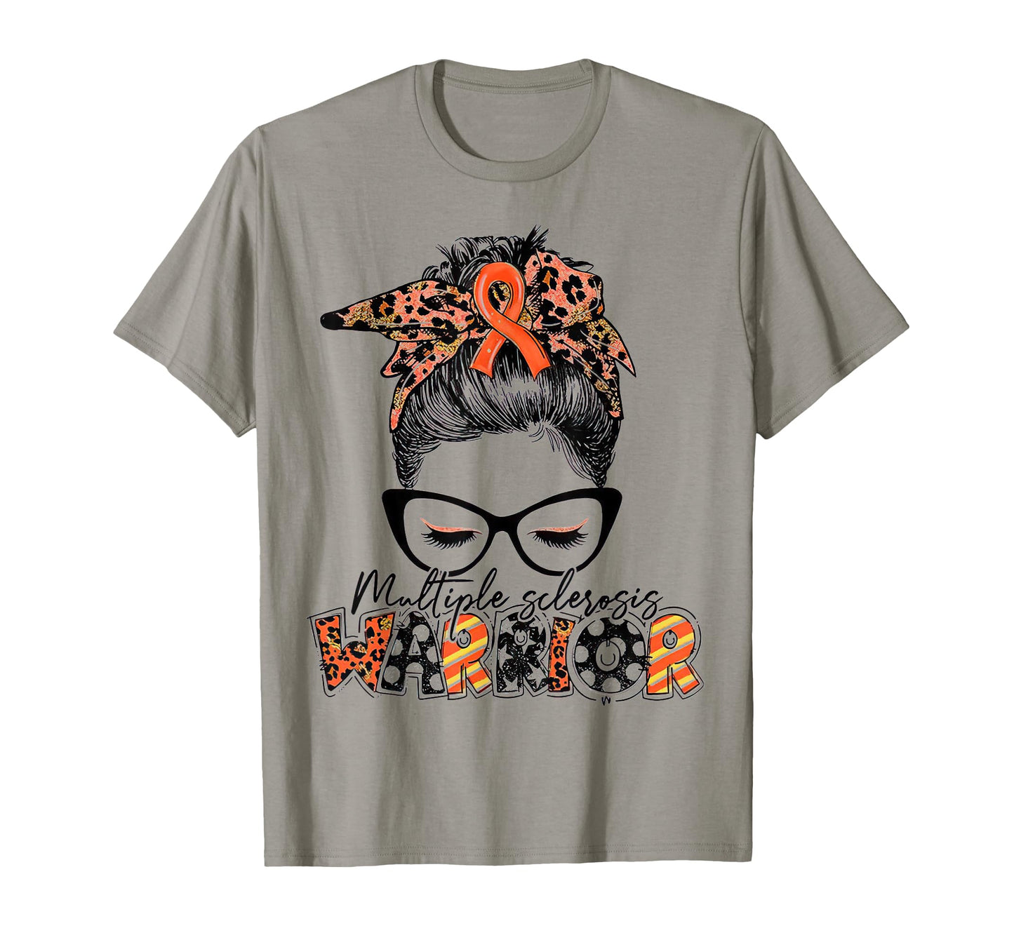 Womens Messy Bun Leopard Multiple Sclerosis Awareness Mom T-Shirt