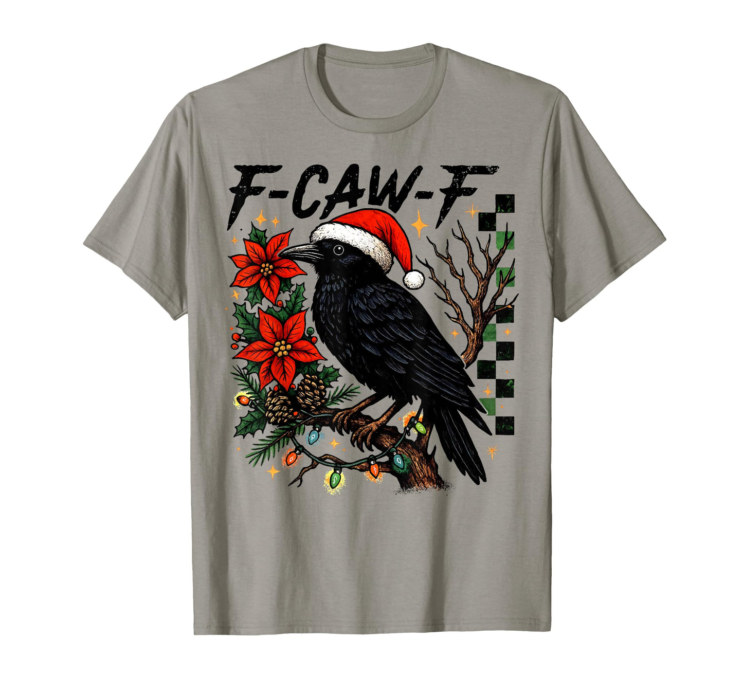 Black Crow F-Caw-F Funny Retro Christmas Lights Santa Hat T-Shirt