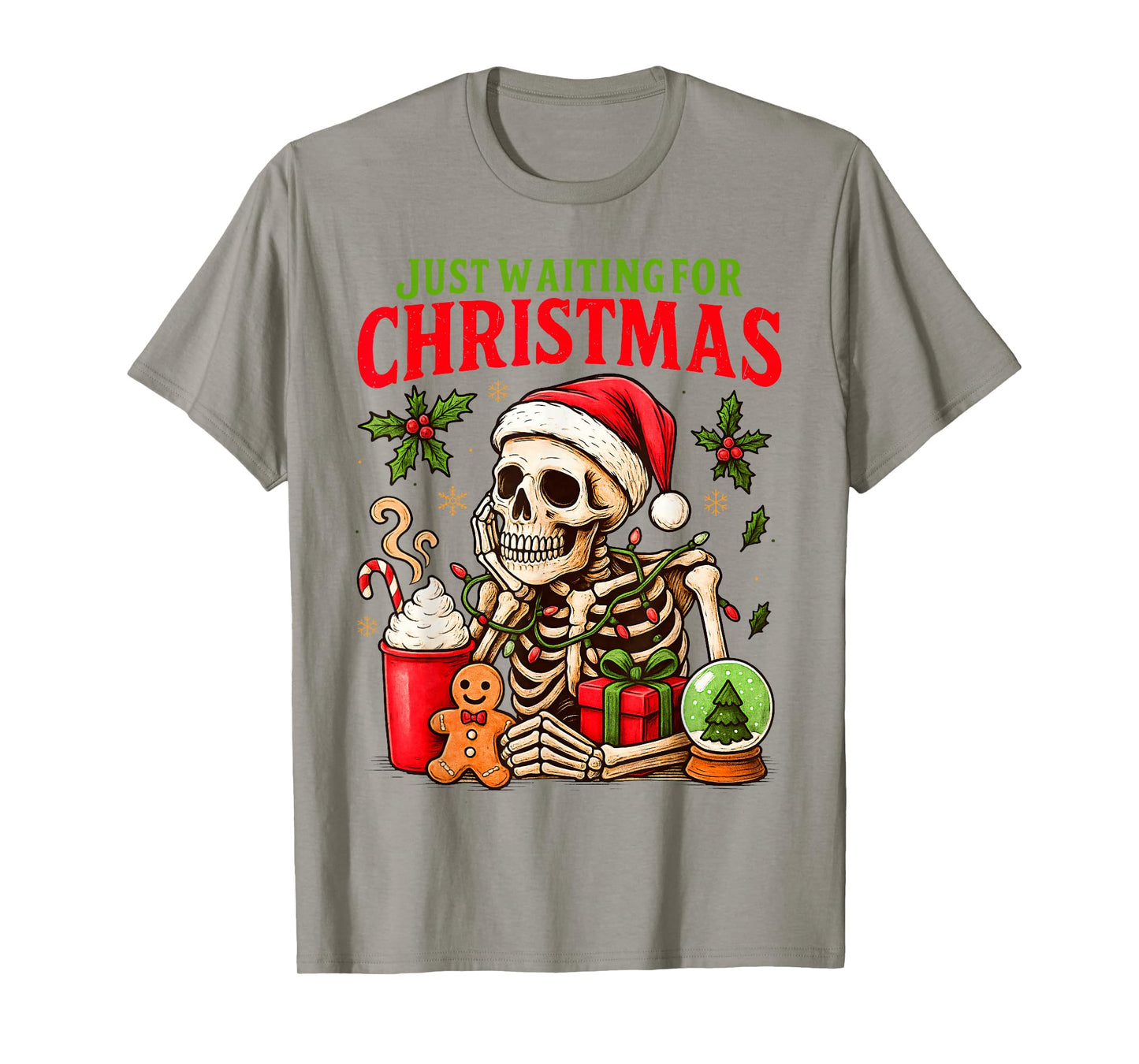 Just Waiting for Christmas Holiday Santa Claus Skeleton T-Shirt