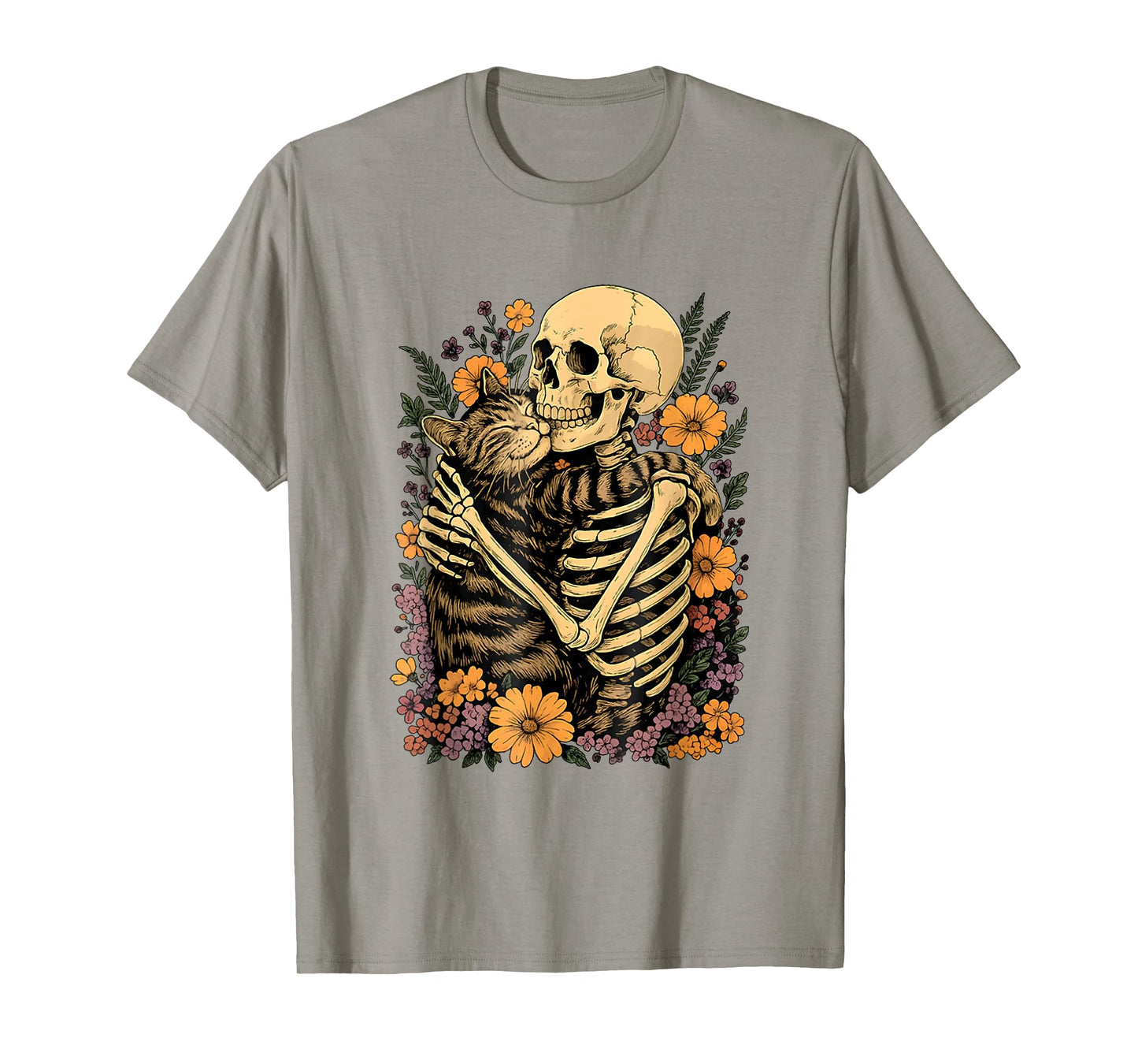 Floral Funny Skeleton Hugging Cat Halloween Spooky Season T-Shirt