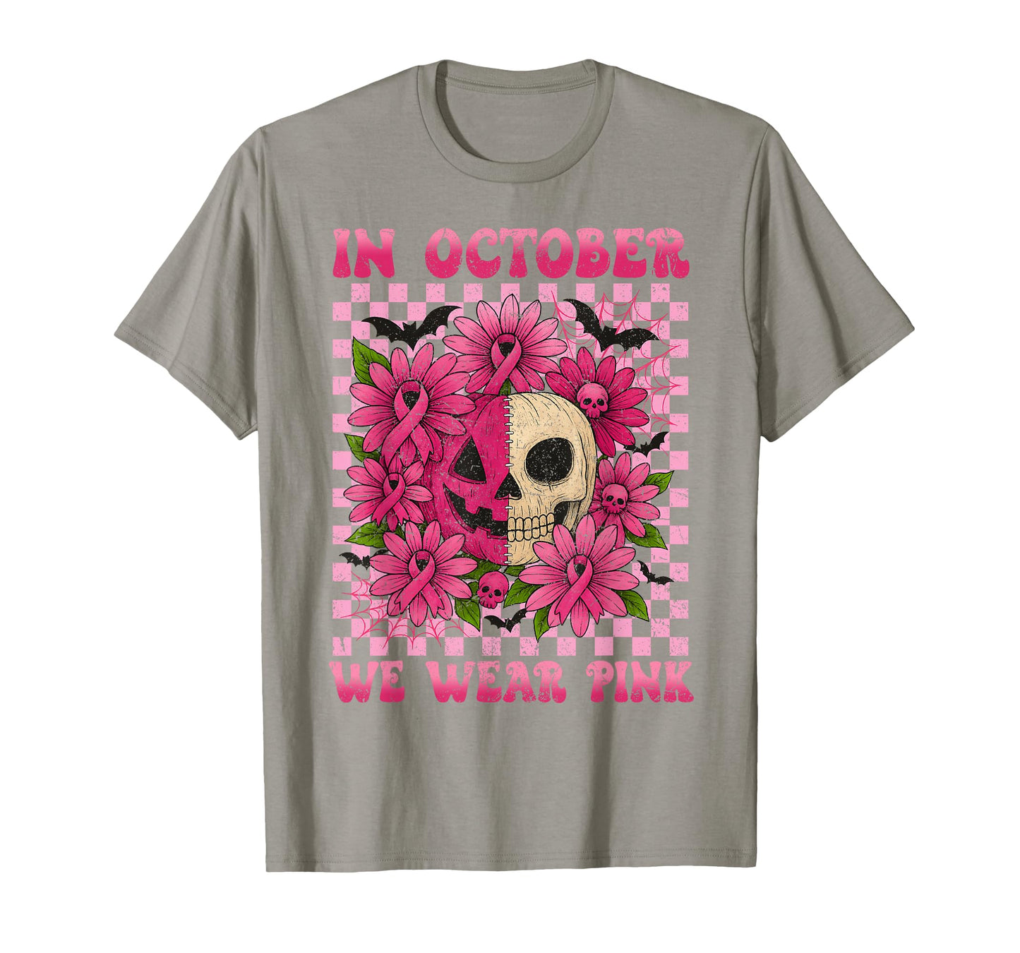 October We Wear Pink Breast Cancer Skull Jack O Latern T-Shirt