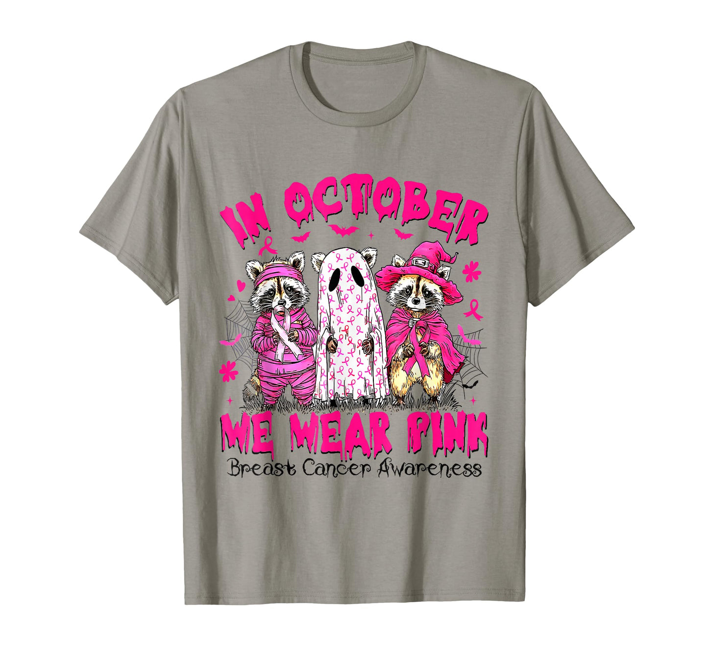 in October We Wear Pink Raccoon Breast Cancer Awareness T-Shirt
