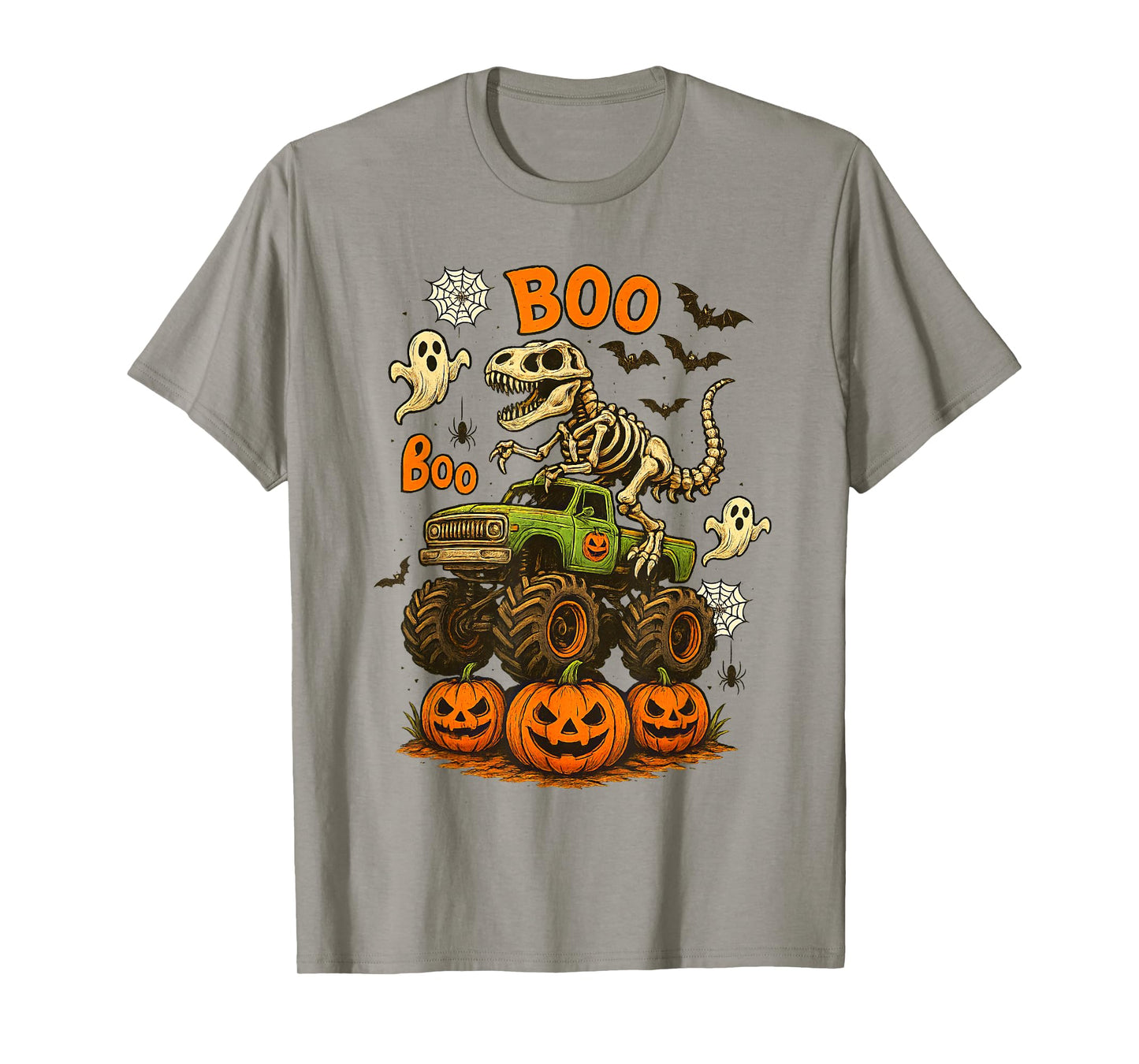 Skeleton T Rex Dinosaur Monster Truck Boo Pumpkin Halloween T-Shirt