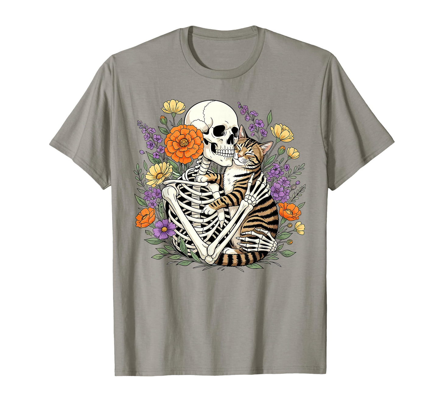 Skeleton Hugging Cat Floral Halloween Cats Lover T-Shirt