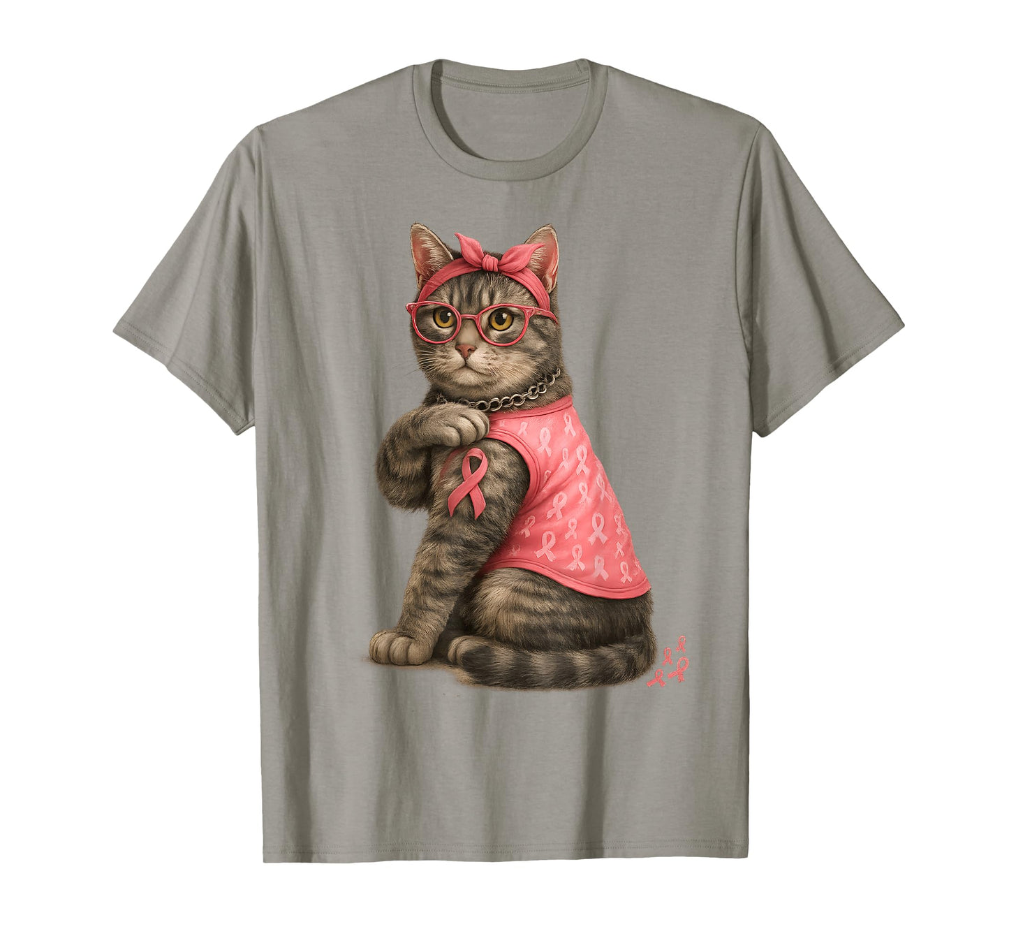 Gray Tabby Cat Pink Ribbon Breast Cancer Awareness Kitty T-Shirt