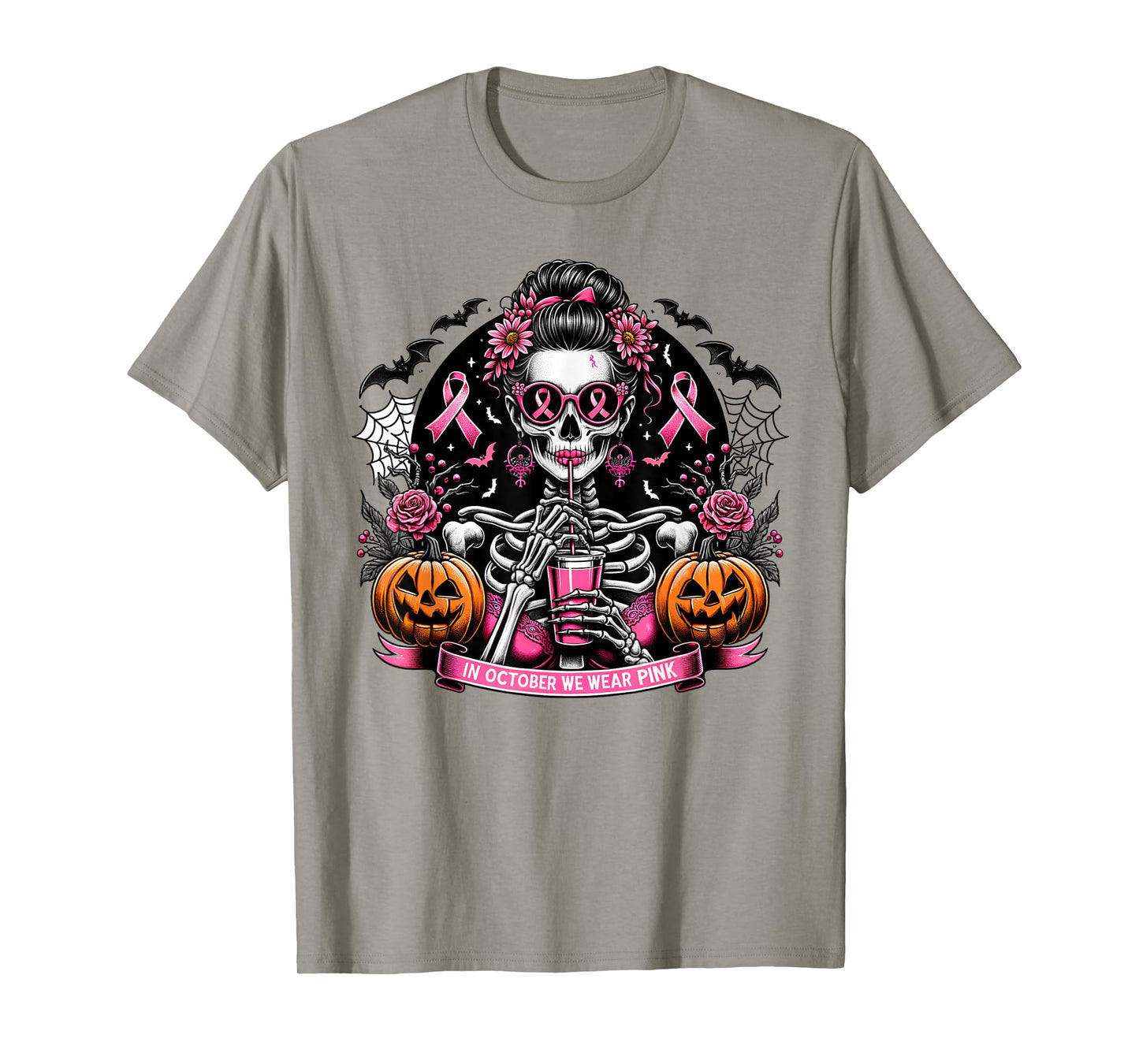 In October We Wear Pink Skull Messy Bun Glasses Halloween T-Shirt