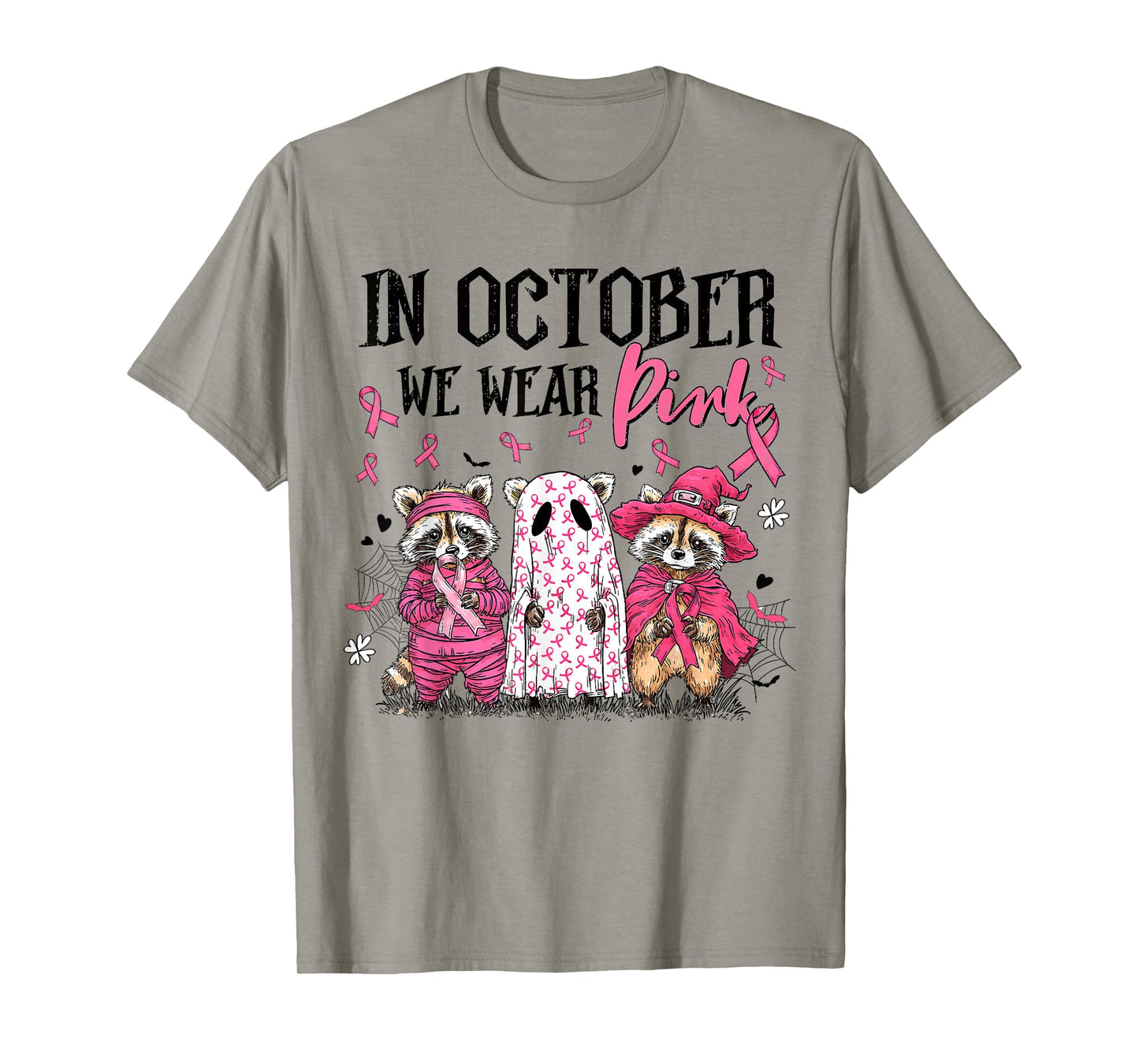 in October We Wear Pink Raccoon Boo Breast Cancer Awareness T-Shirt