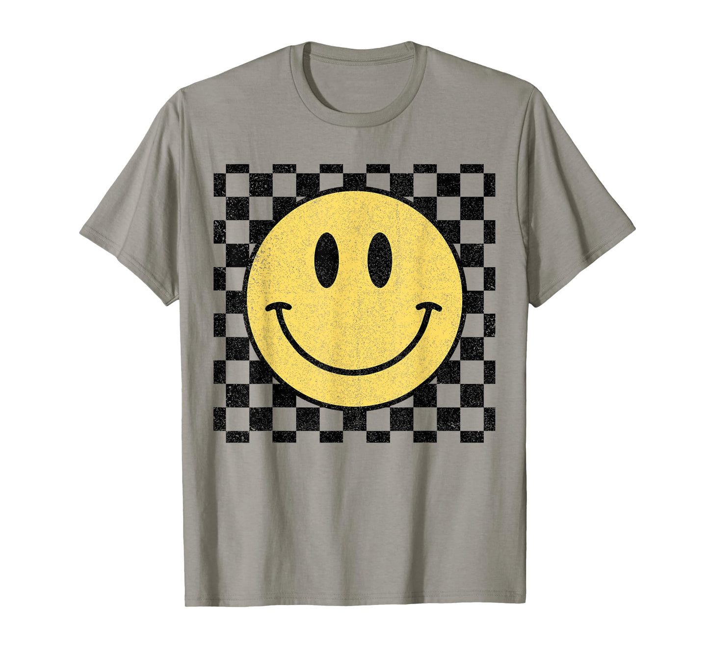 Retro Happy Face Distressed Checkered Pattern Smile Face T-Shirt