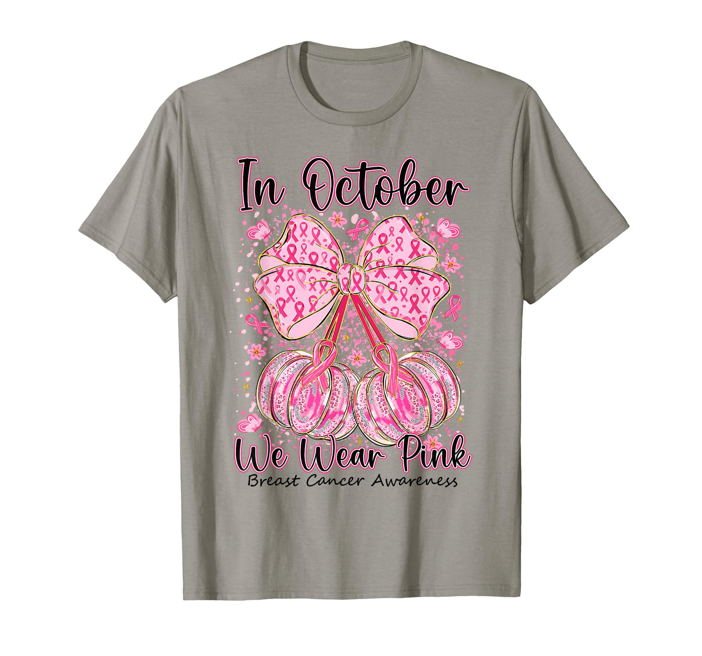 Coquette Bow Pumpkin in October We Wear Pink Breast Cancer T-Shirt
