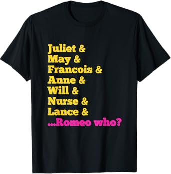 Stage Notes & Juliet Characters 'Romeo Who?' Musical Theatre Musicals T-Shirt - Black, Unisex-Adults, Small, Short Sleeve, Cotton 65% Polyester 35%, Classic Fit, Casual Playful Letter Print